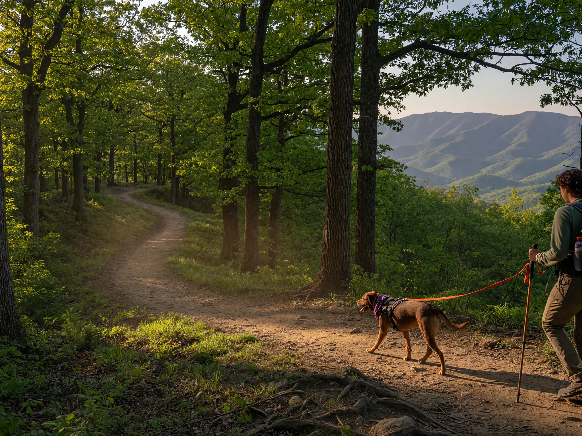 A dog on a harness hikes beside its owner on a scenic Shenandoah National Park trail with Blue Ridge Mountain views and tall hardwood forest