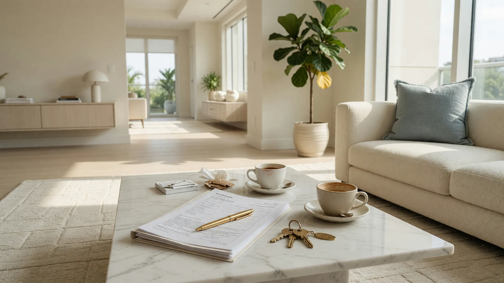 A bright modern living room where a mortgage folder, pen, and house keys rest on a white marble coffee table beside two cups of coffee