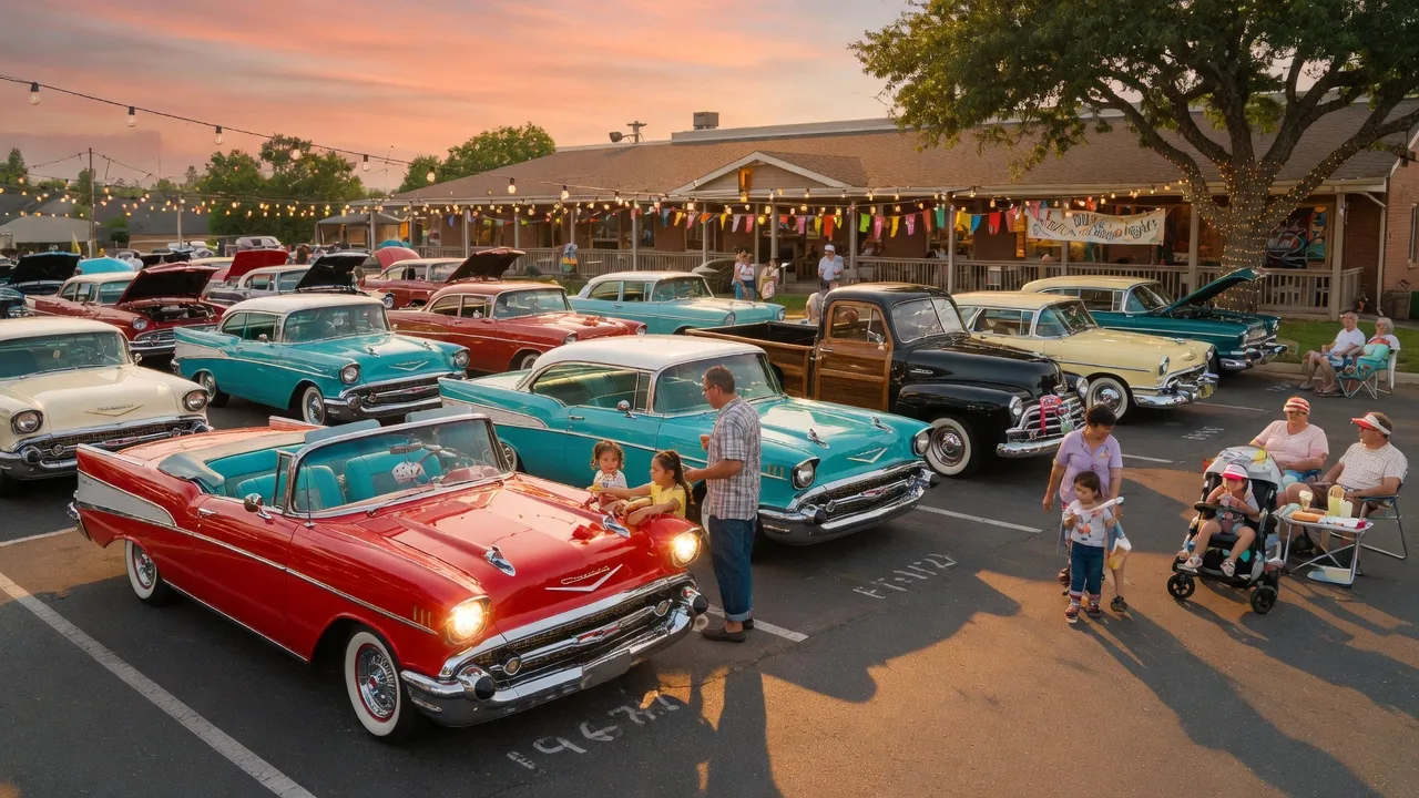 Vintage American cars lined up at a summer evening car show with families strolling between them