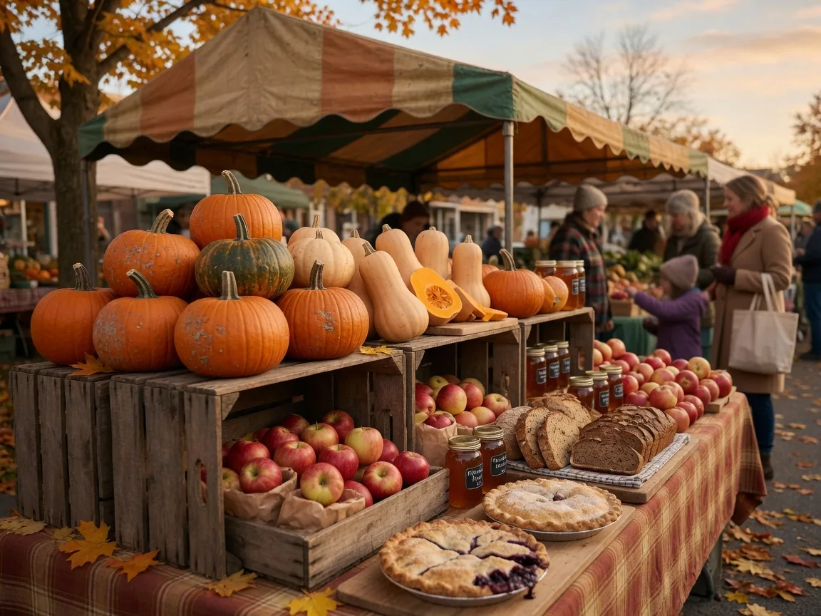 Farmers' market stall in mid-October with wooden crates of pumpkins, squash, apples, honey jars, and fresh baked pies and bread under a market canopy