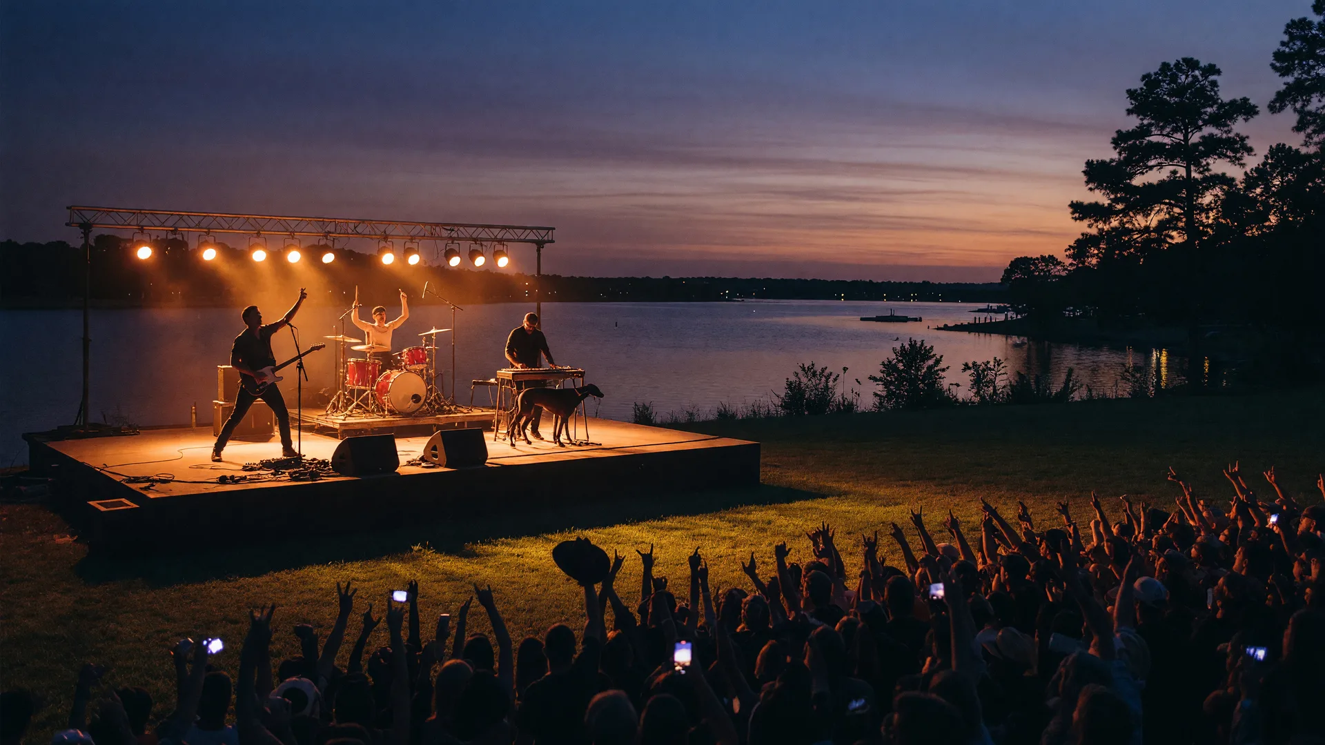 A Texas country rock band performing on an outdoor lakeside stage at dusk, warm stage lights over a silhouetted crowd with pines and a lake behind