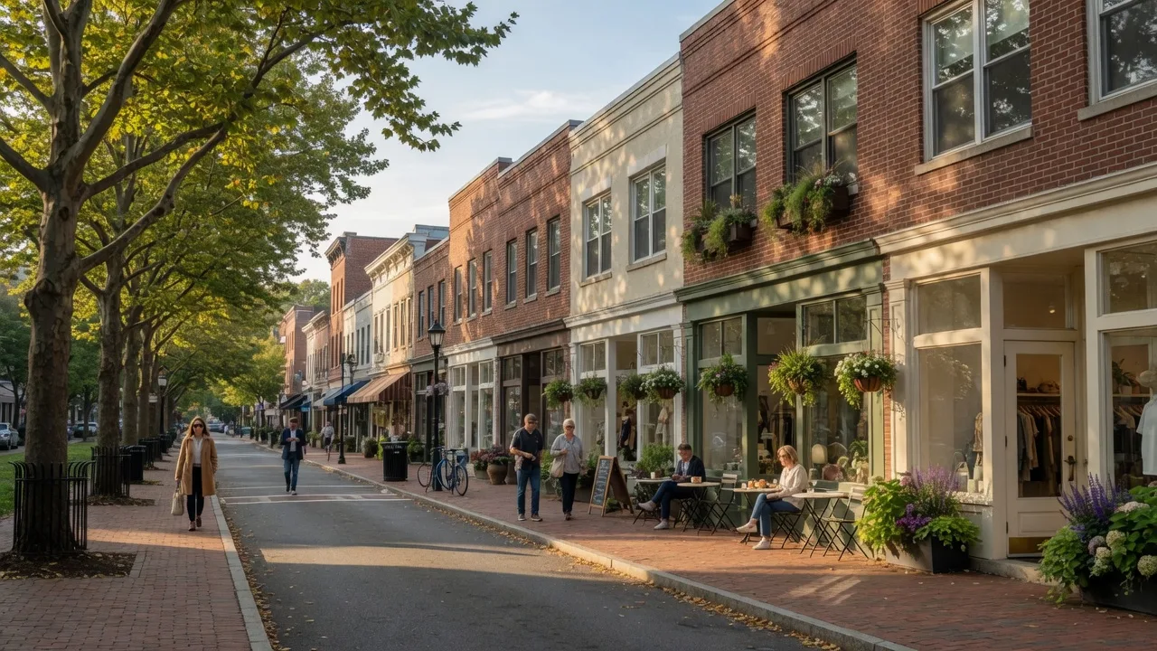 A tree-lined Bethesda, Maryland street with shops, café patios, and warm early-morning light