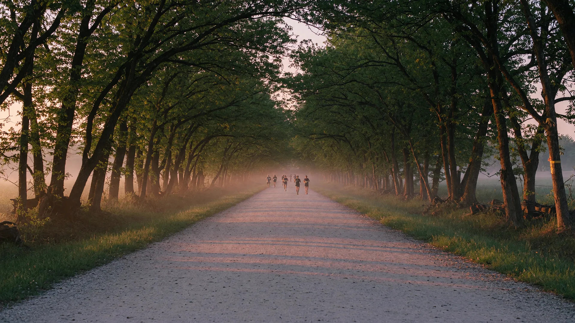 An early morning long-distance race on a flat tree-lined rails-to-trails path at sunrise with golden light and distant runner silhouettes
