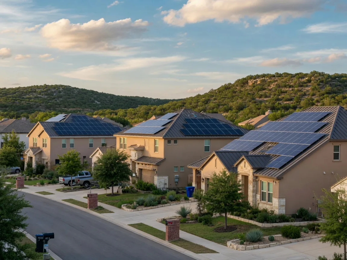 Texas neighborhood with solar panels on multiple homes