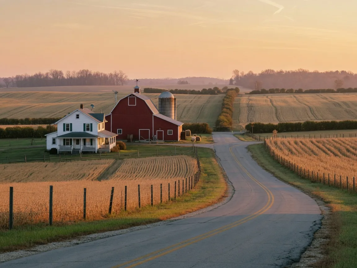 A rural Indiana country road with a farmhouse and red barn in warm golden-hour light