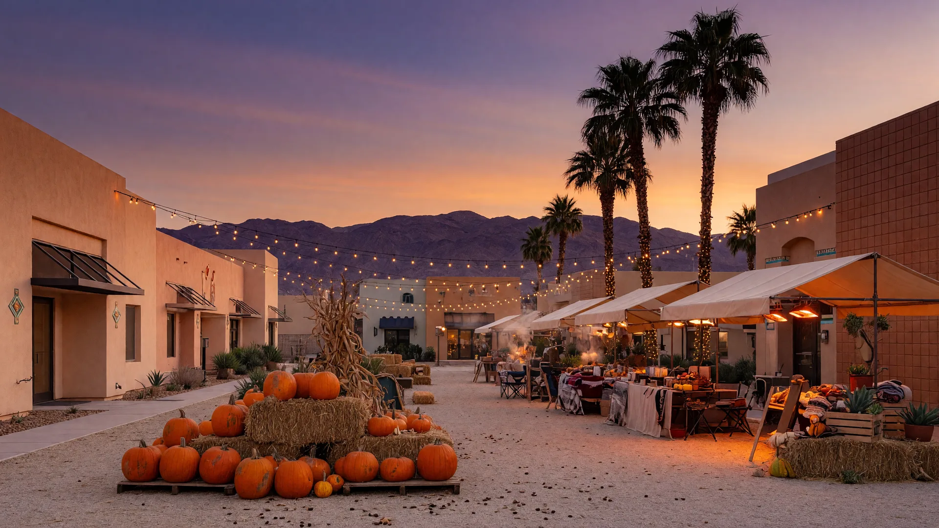 Autumn festival plaza at dusk with pumpkin patch, string lights, and market stalls in Southwest Las Vegas
