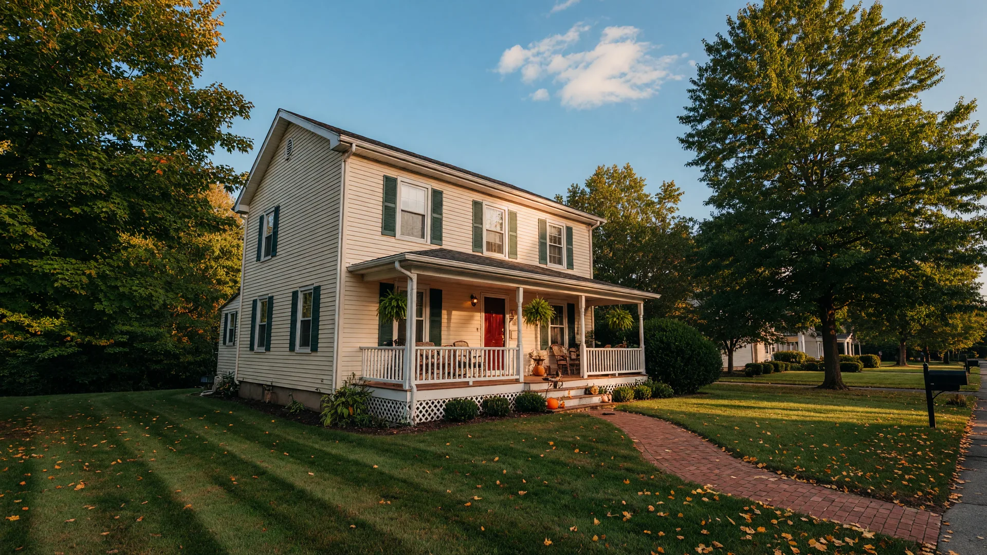 A welcoming single-family home in the Lehigh Valley with a covered front porch and mature trees