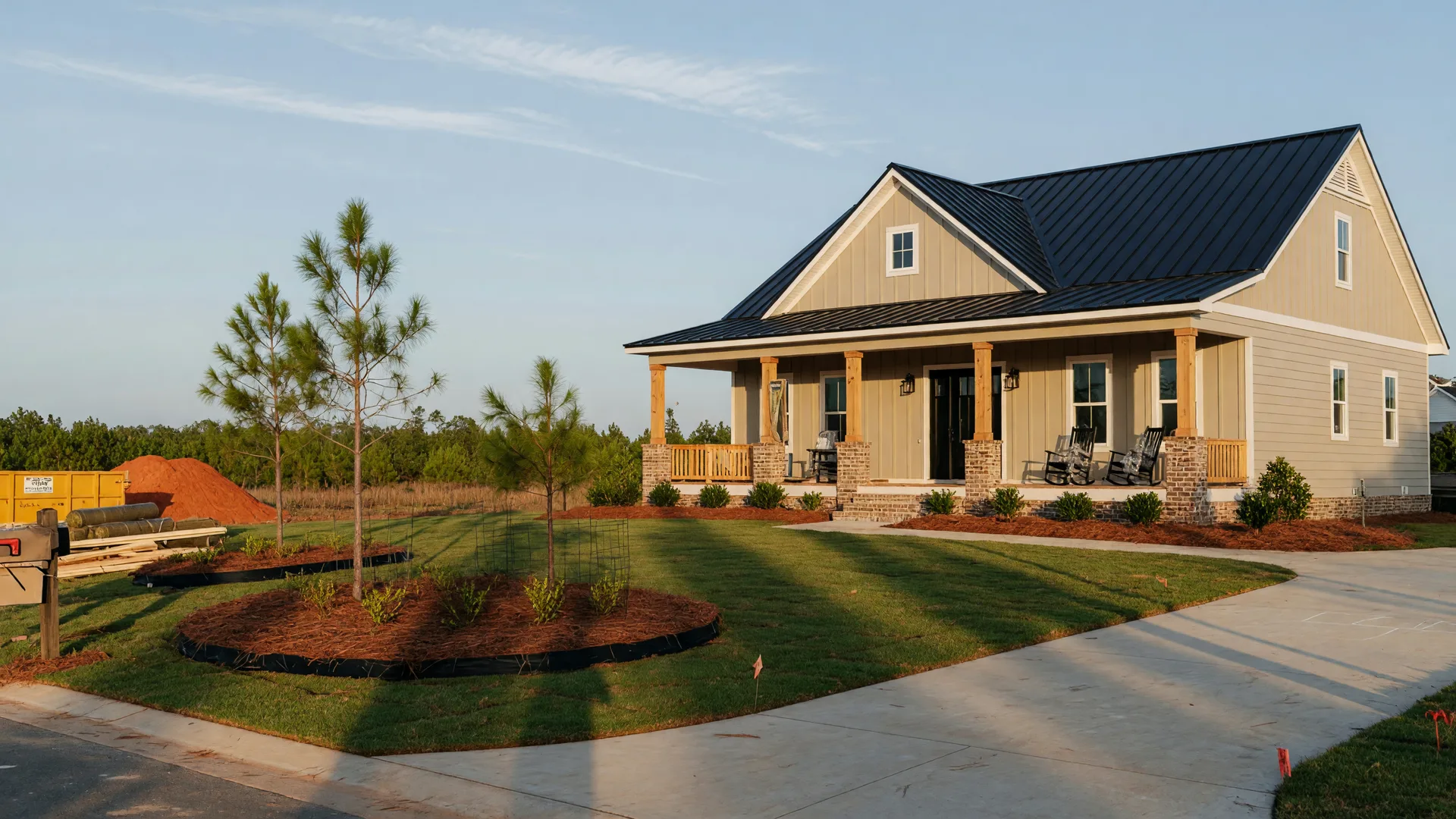 A freshly built craftsman-style new construction home in the Sandhills on a bright morning