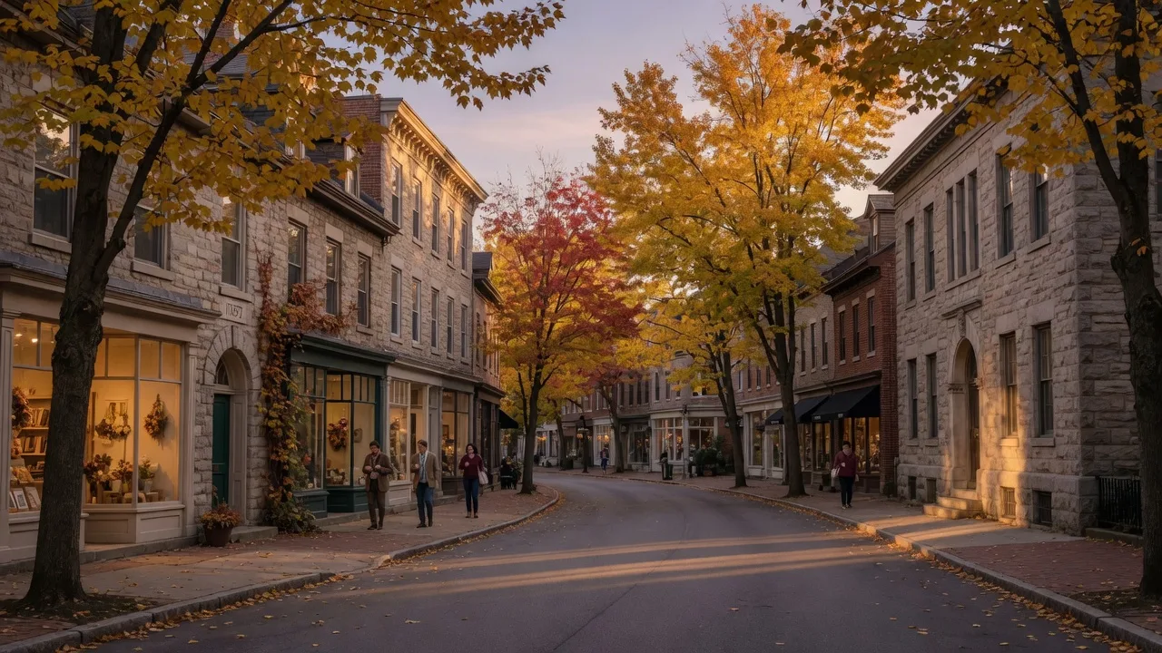 Bryn Mawr's leafy village main street lined with boutiques in autumn