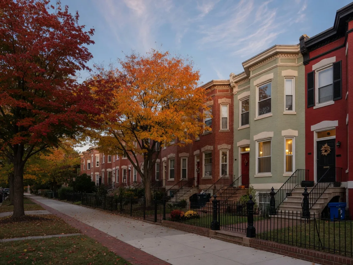 Quiet block of brick and painted Victorian rowhouses near Lincoln Park on the eastern side of Capitol Hill, Washington DC, on a golden mid-October late afternoon with mature trees in full autumn color and iron railings and steps leading to front doors
