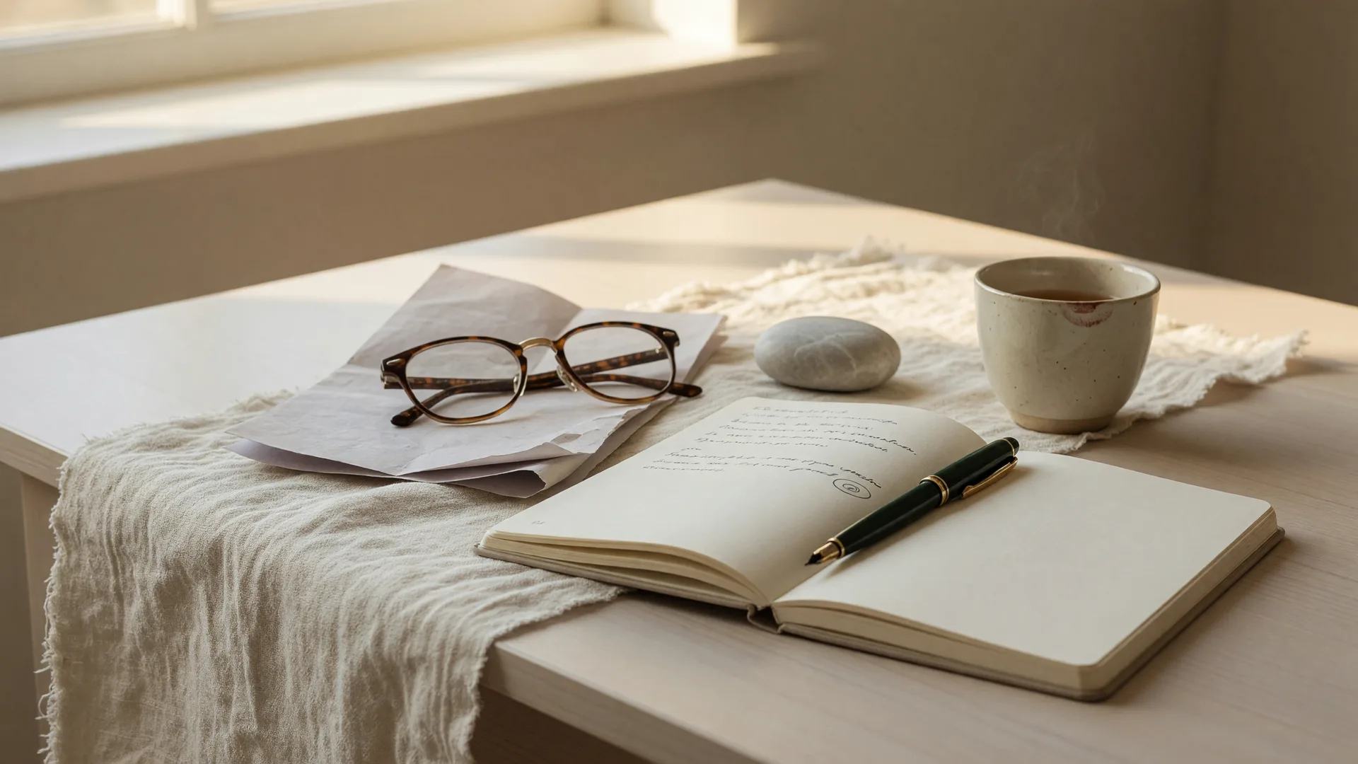 A calm consultation desk with an open notebook, a fountain pen, reading glasses, and a small ceramic cup in soft warm window light