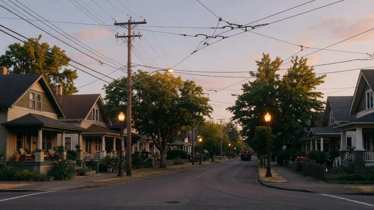 A tree-lined streetcar-era street with Craftsman bungalows in Portland's early 1900s