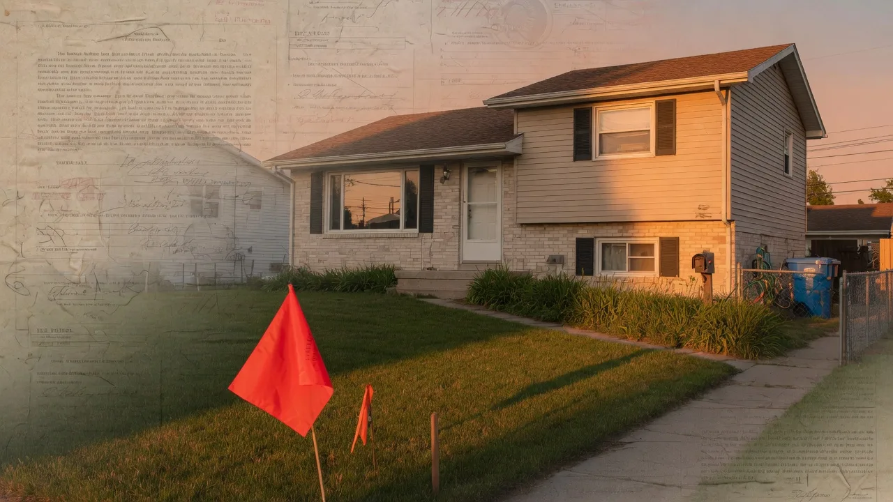 Residential home exterior with a red surveyor flag and legal document overlay representing involuntary liens