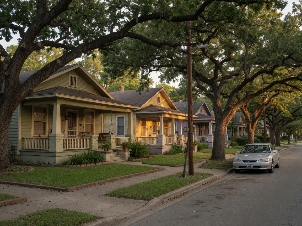 Tree-lined street of 1920s bungalows in Alamo Heights with mature live oaks