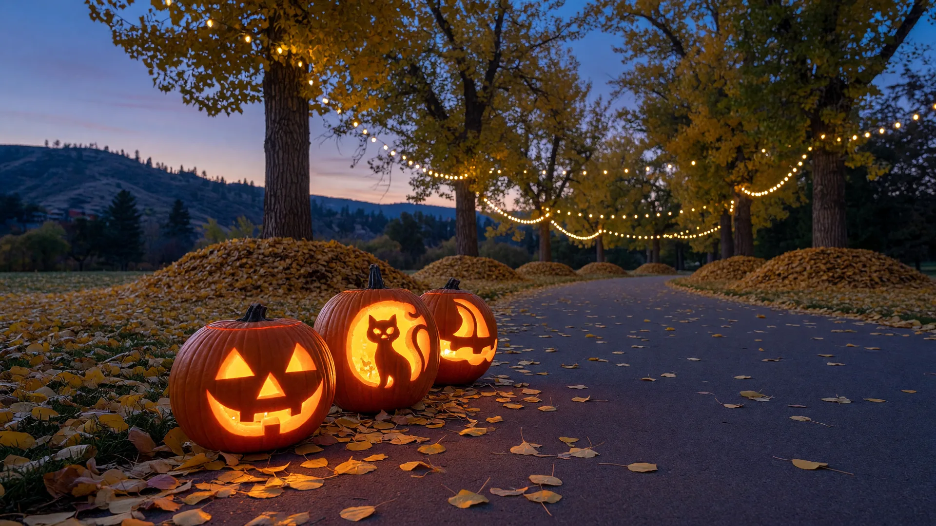 Carved jack-o'-lanterns glowing at dusk along a tree-lined path