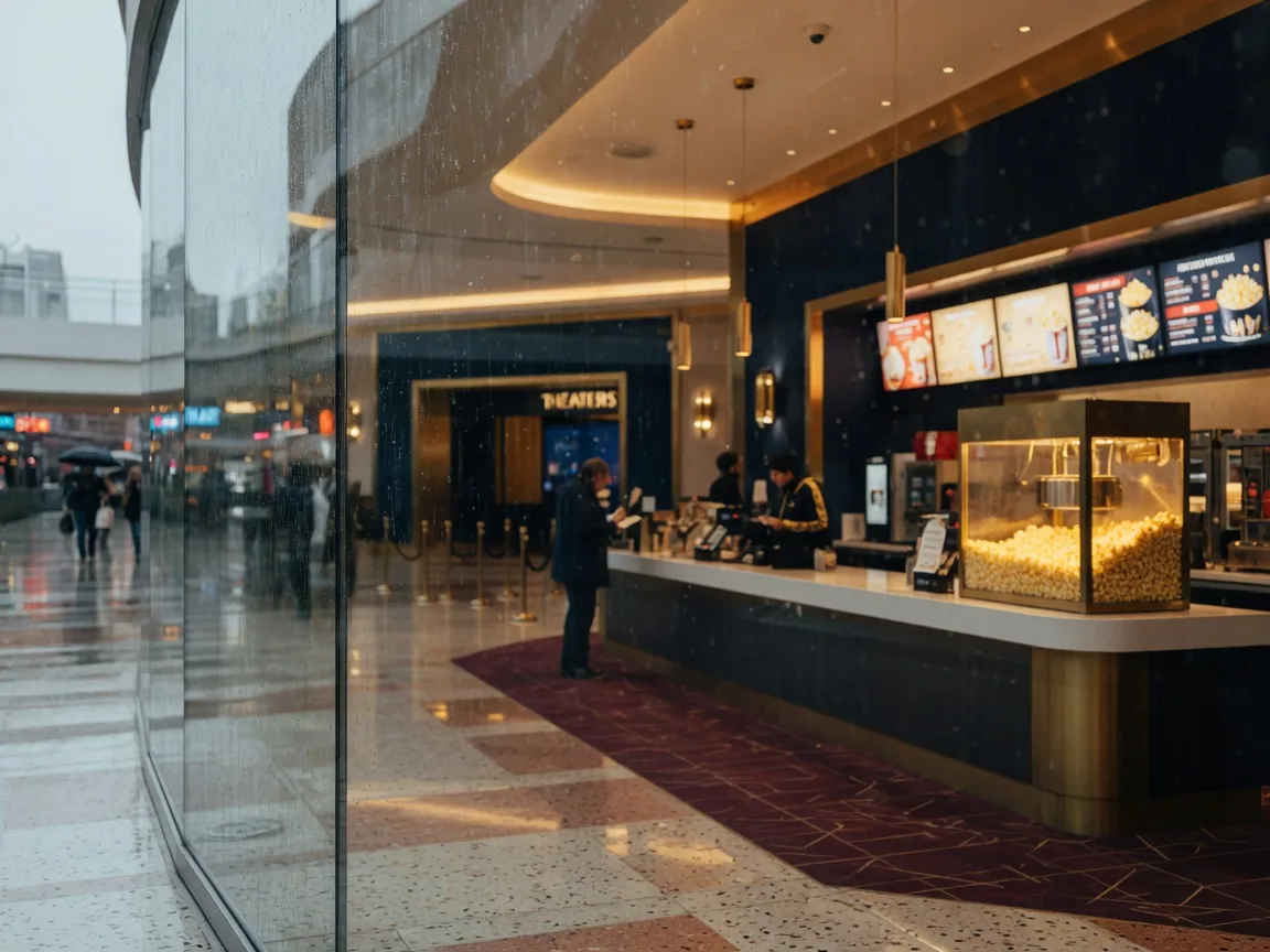 The warm, modern lobby of the Regal cinema inside the Moorestown Mall, with a concession stand and popcorn on a rainy day
