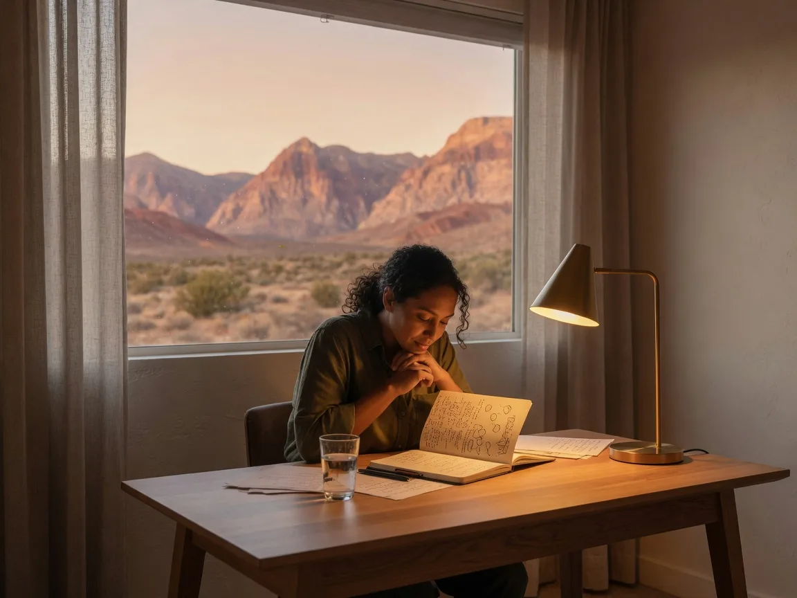 Person thoughtfully reviewing notes at a desk in a home office with desert mountain views