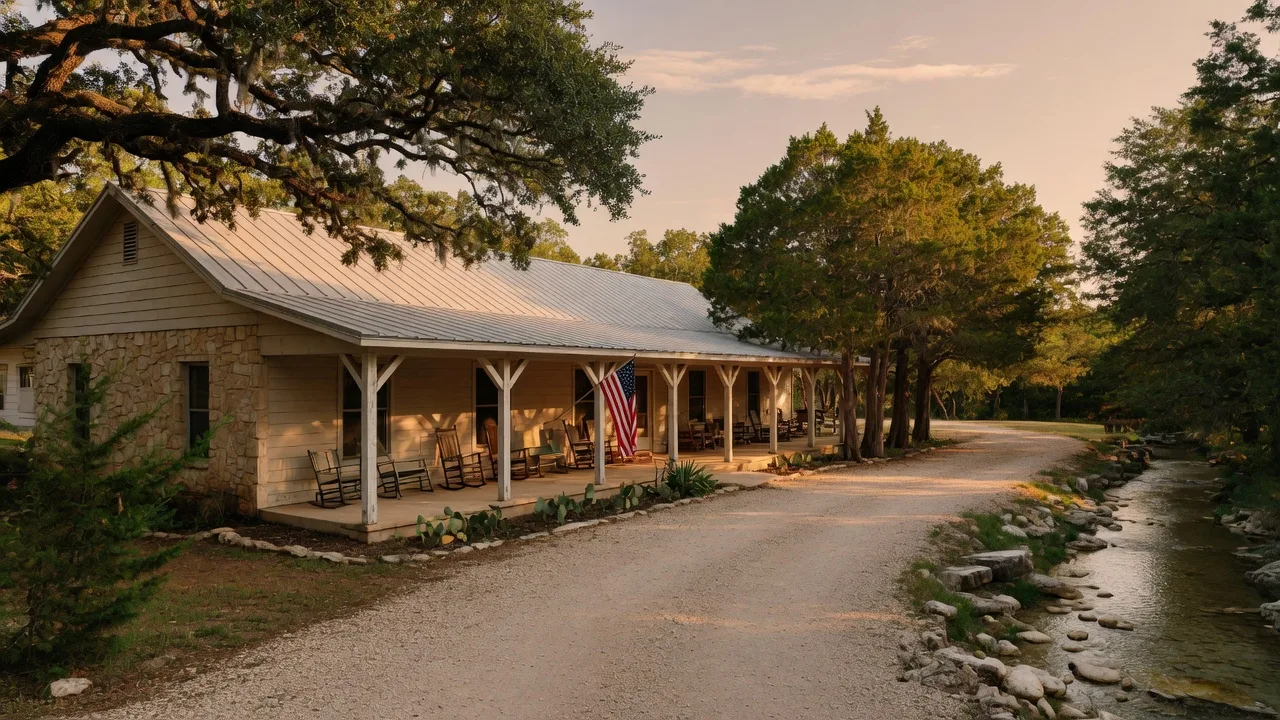 A stone and siding ranch-style Hill Country home near Rebecca Creek with a covered porch and metal roof, set among live oaks beside a limestone creek in late-afternoon light, the kind of Hill Country home a home inspector in the Hill Country inspects