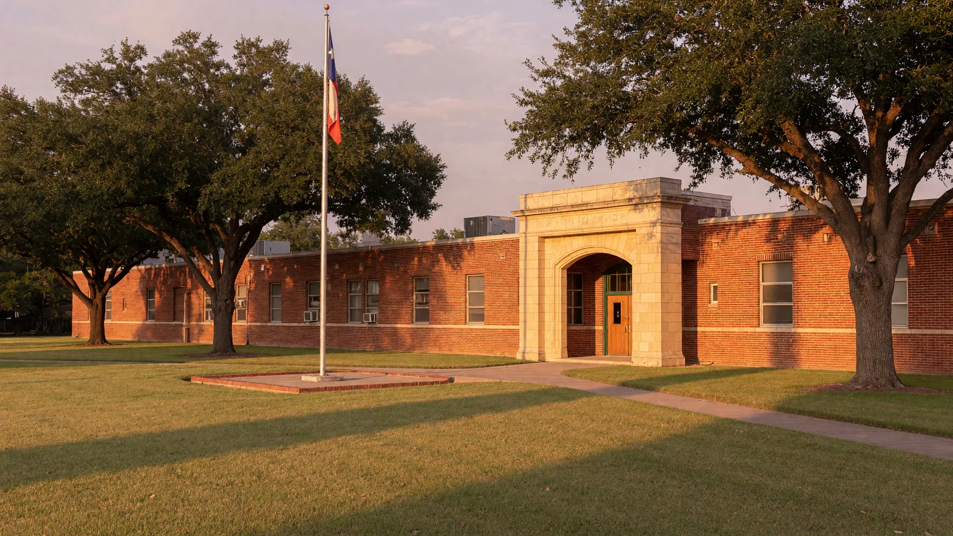A Belton-style Texas public school campus at golden hour: red brick, limestone entry, live oaks, and a Texas flag