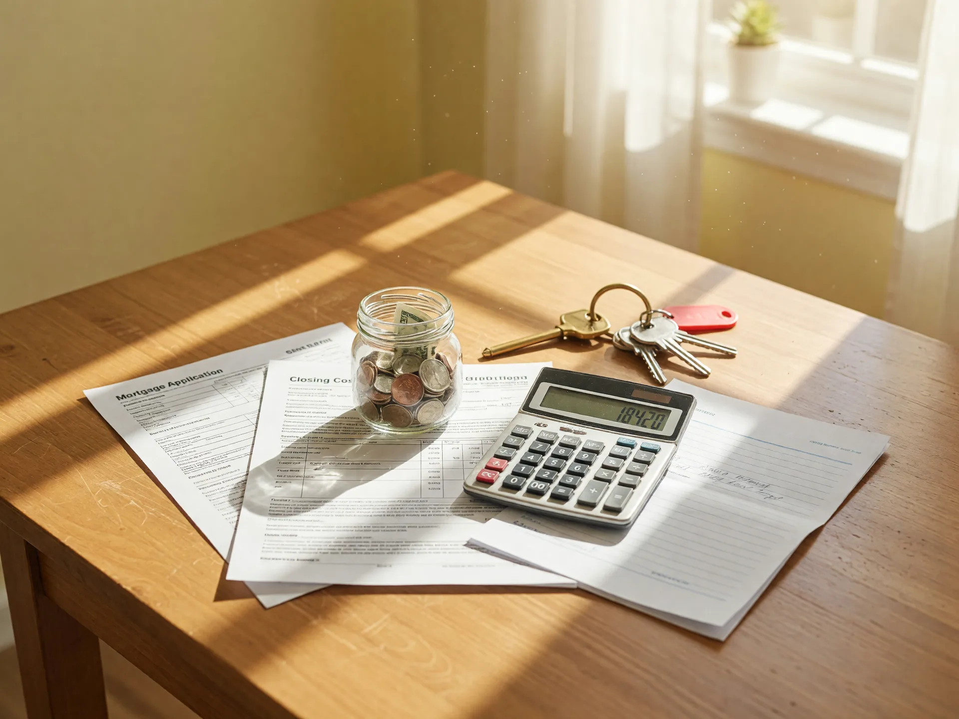 Budgeting and home finance planning with calculator, savings jar, and house keys representing buying a home on a budget in Florida