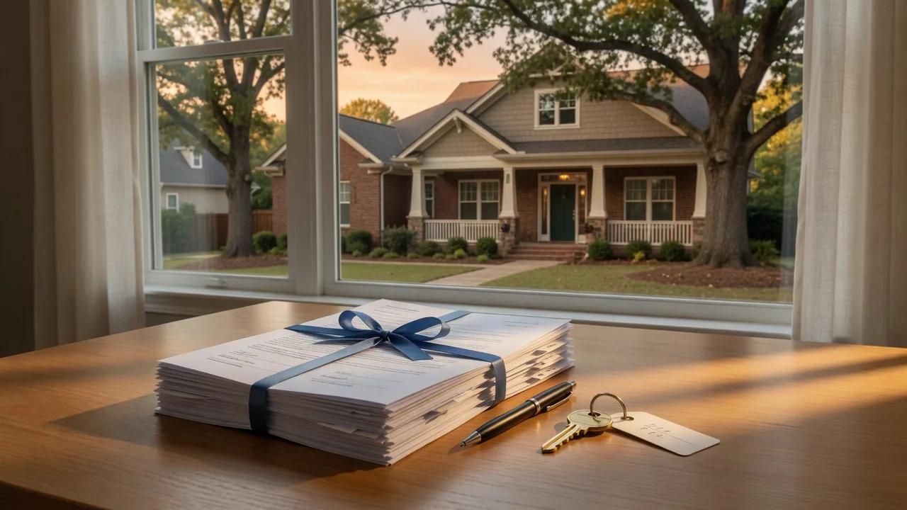 A closing table with stacked mortgage closing documents tied with a ribbon, a pen and a brass house key, with a craftsman-style Georgia home visible through the window, representing a deed of trust