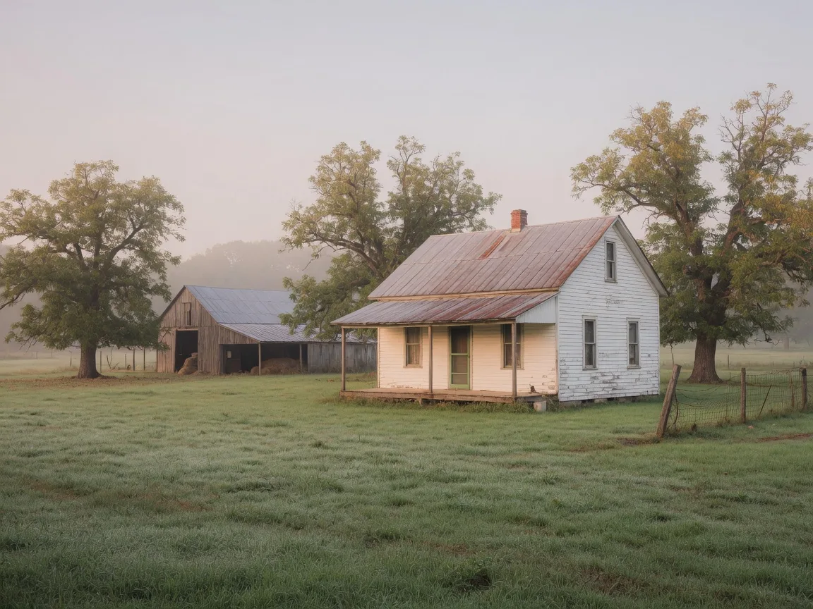 Aged white farmhouse with tin roof on dewy North Georgia acreage in morning fog
