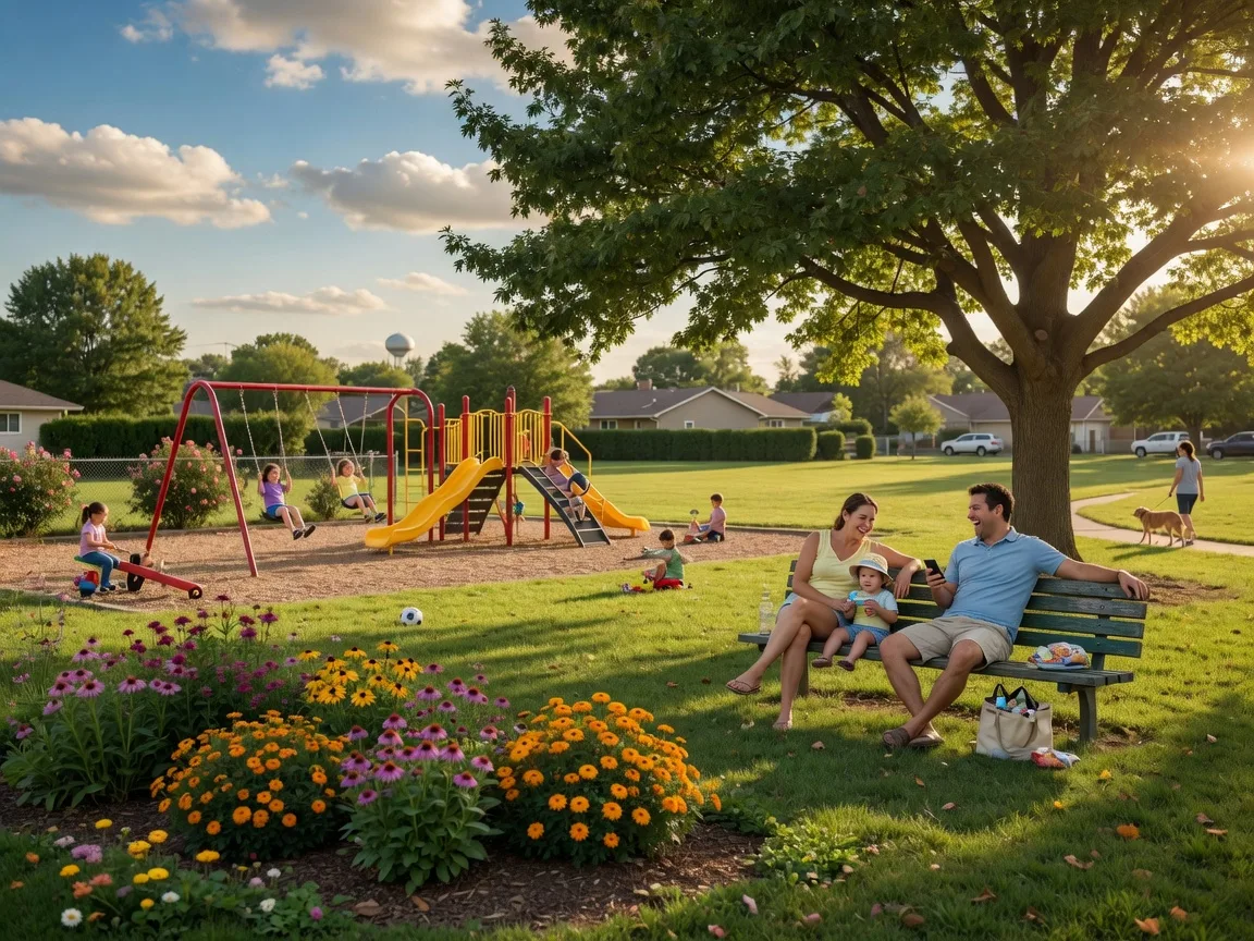 A family enjoying a sunny afternoon at a beautiful Kansas City Northland park with children playing in the distance