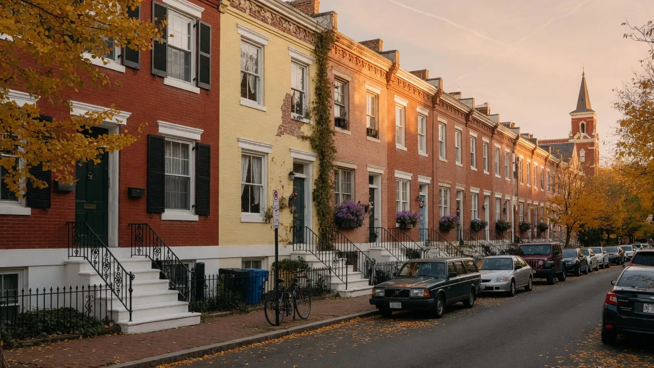 A classic Washington DC rowhouse street in autumn with brick rowhouses, stoops and iron railings, and amber trees