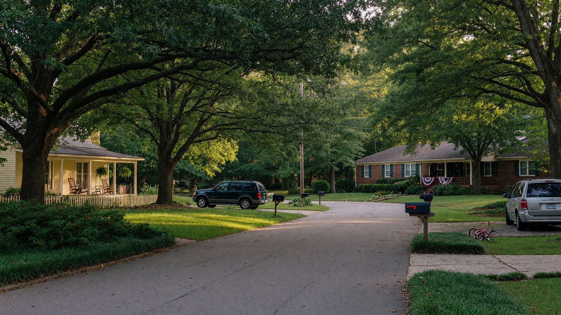 Tree-lined suburban street in Ballentine, South Carolina with mature oaks arching over the road and well-kept homes