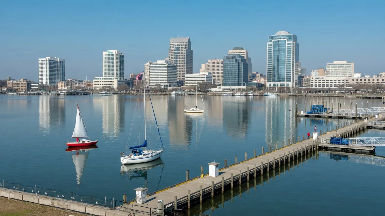 Norfolk Virginia waterfront harbor with downtown skyline and sailboats
