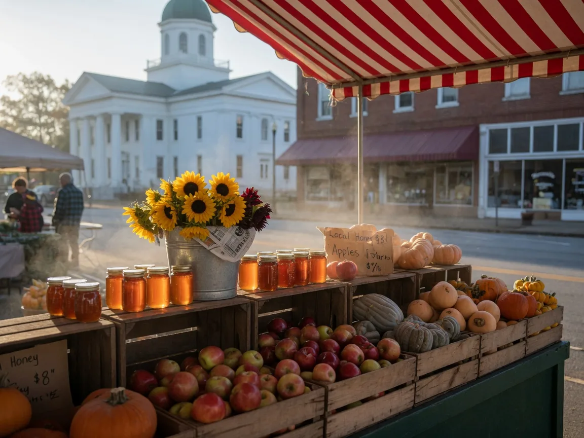 A farmers market produce stand in a small Northeast Georgia town square with apples, pumpkins, squash, honey, and sunflowers in golden morning light