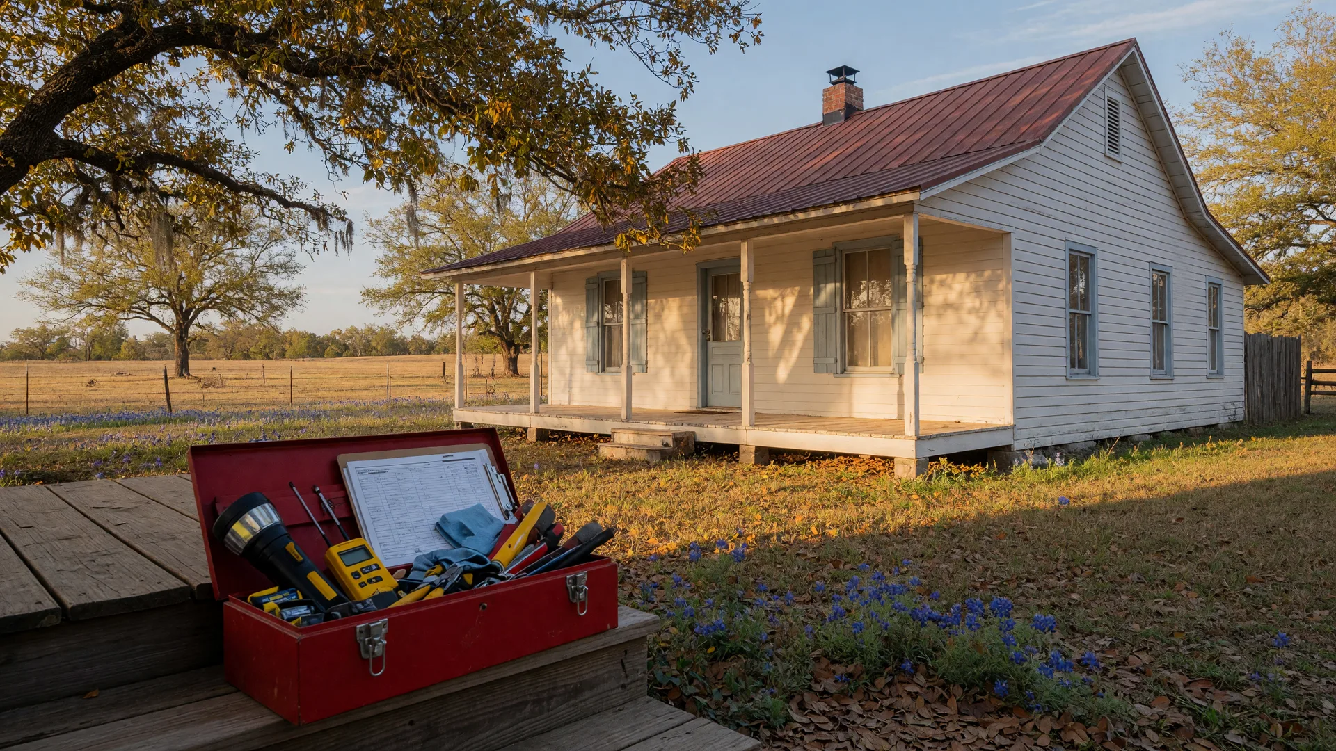 Home inspector's toolbox with flashlight, moisture meter, and clipboard on the porch steps of a Texas farmhouse in Washington County