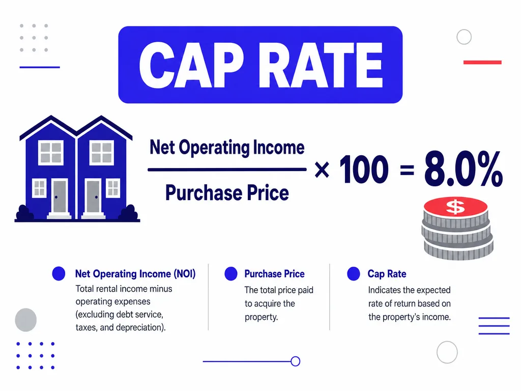 Cap rate formula infographic: net operating income divided by purchase price, with a duplex building icon and a coin stack icon