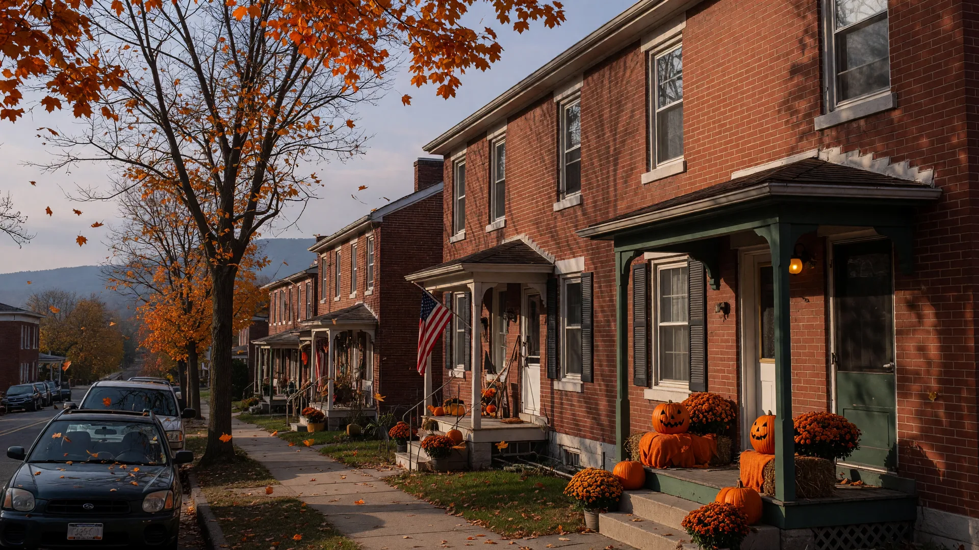 Brick twin homes on a North Catasauqua street in October with pumpkins on the porches and fallen leaves along the sidewalk