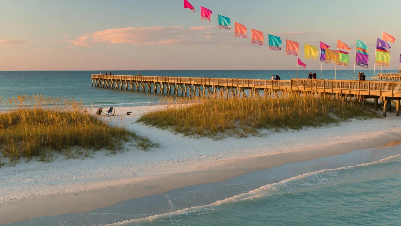 Golden-hour October evening on an Alabama Gulf Coast beach with white sand dunes, sea oats, and a wooden pier reaching into calm turquoise water