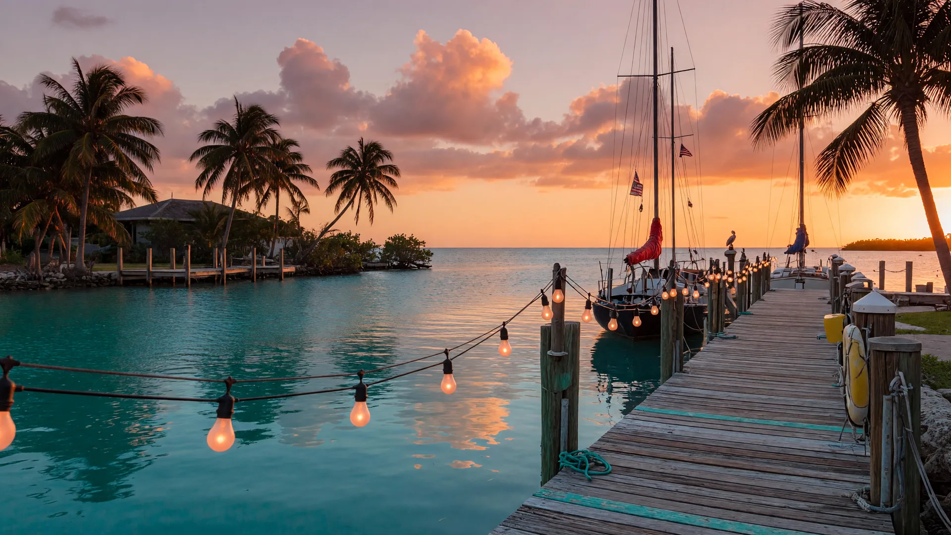 Golden-hour waterfront in the Florida Keys with a string-lit wooden dock, silhouetted palm trees, and sailboats on calm turquoise water