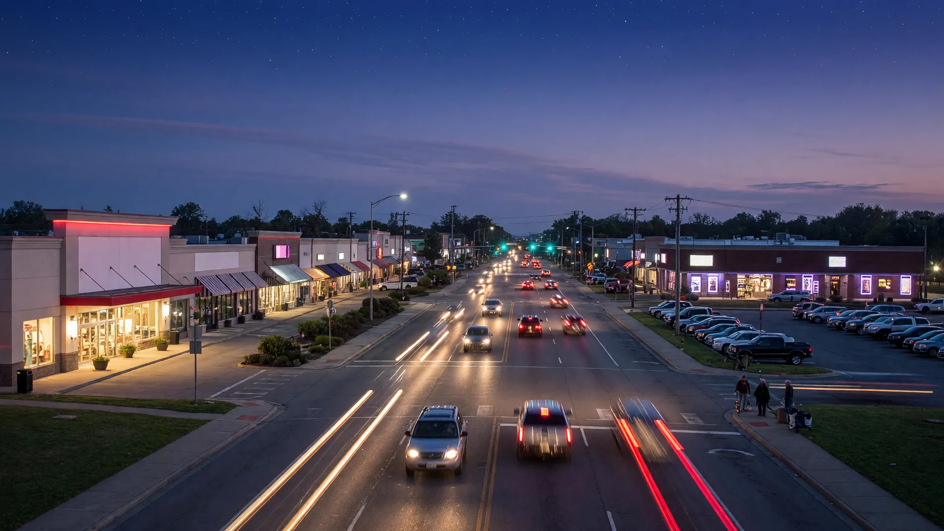 A four-lane commercial corridor in Bowling Green at blue hour, with headlights and taillights streaming past softly blurred storefronts