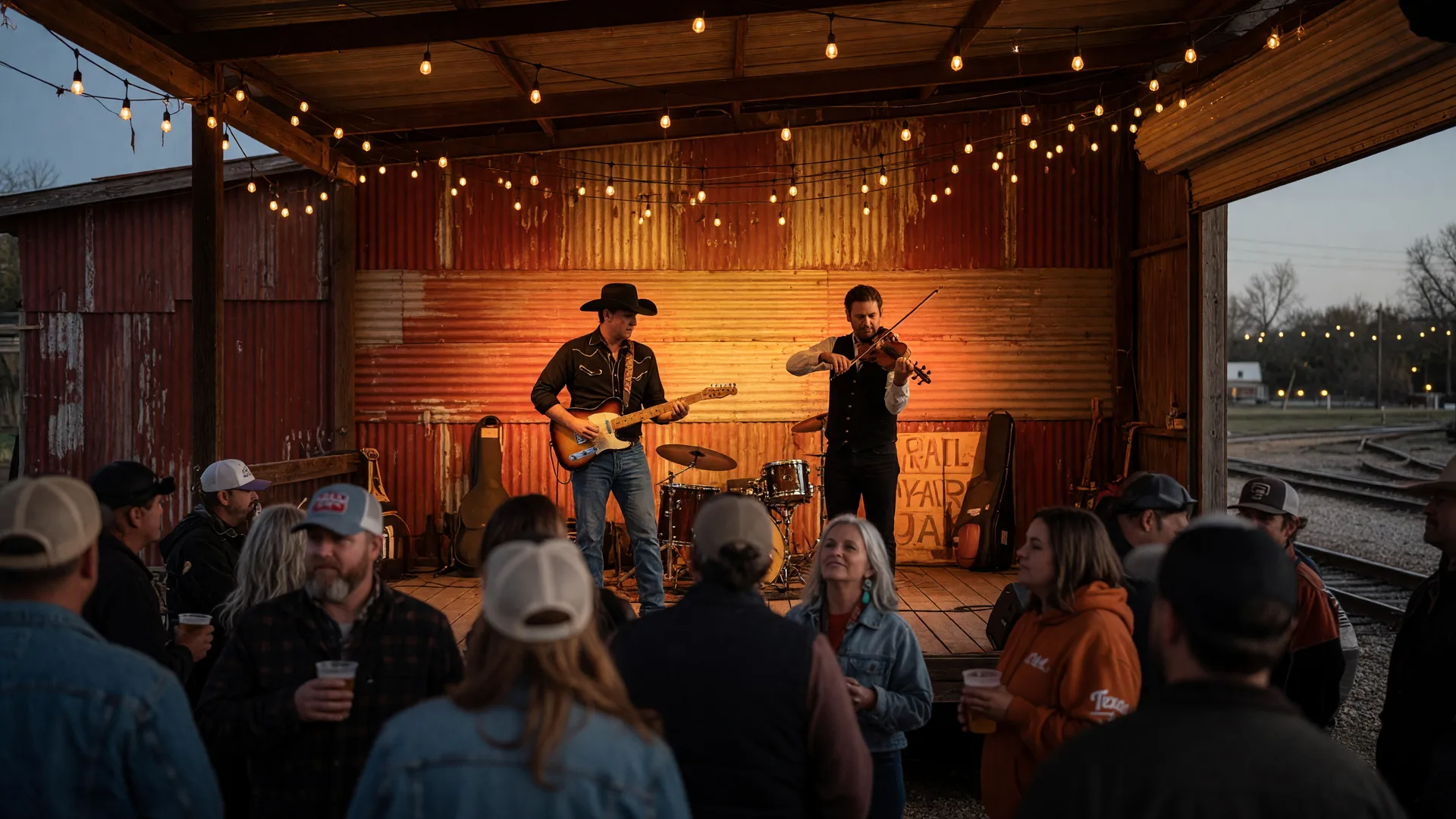 A Texas country band performing on a string-lit stage inside a rustic rail-yard music venue in Paris, Texas