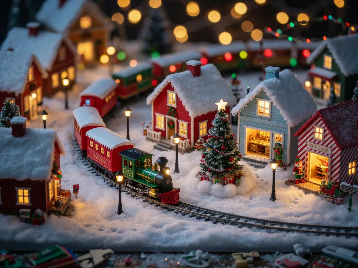 A detailed model railroad display of a snowy miniature North Pole town with a small holiday train and glowing houses