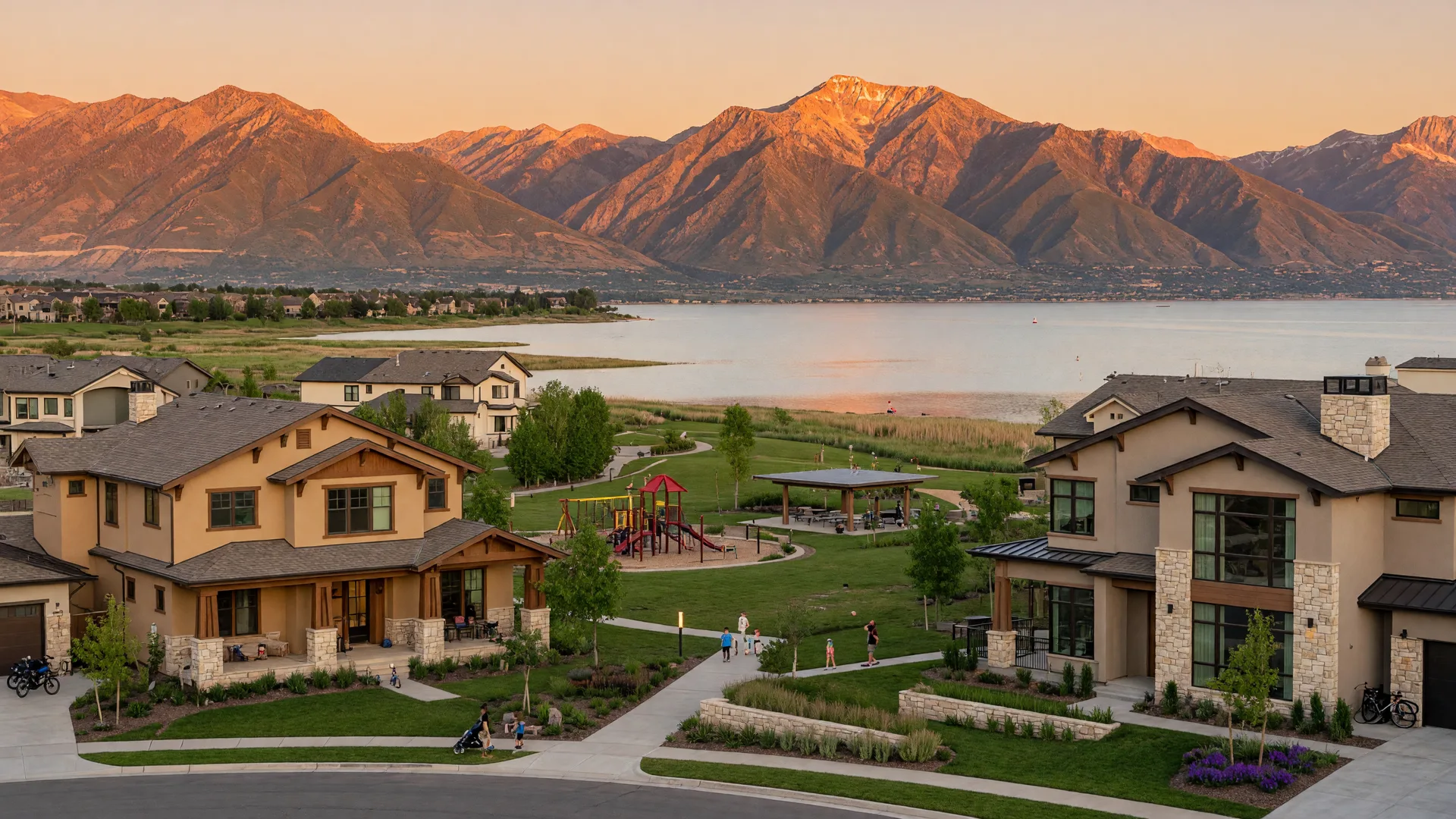 New construction craftsman and mountain modern homes in Saratoga Springs, Utah — lakeside community with Utah Lake and Wasatch Mountain views