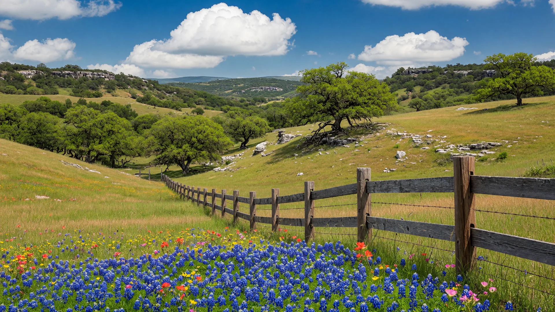 Spring Texas Hill Country landscape with bluebonnets, live oaks, and a wooden ranch fence under a bright blue sky