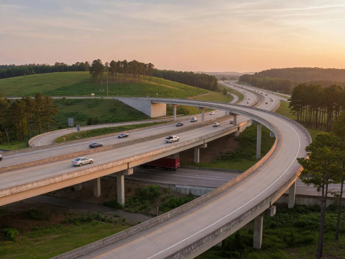 A wide interstate interchange near Spartanburg at late afternoon, with rolling green hills beyond the highway