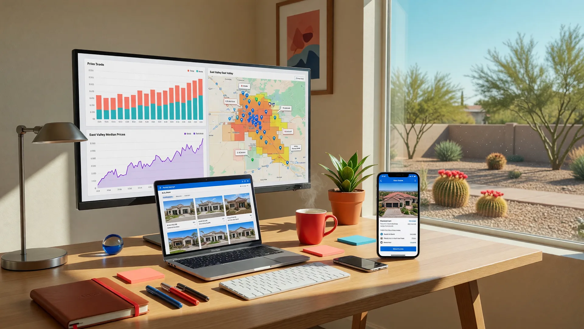 Modern home office desk with a monitor displaying real estate data charts and pricing graphs, a laptop and smartphone, warm natural light