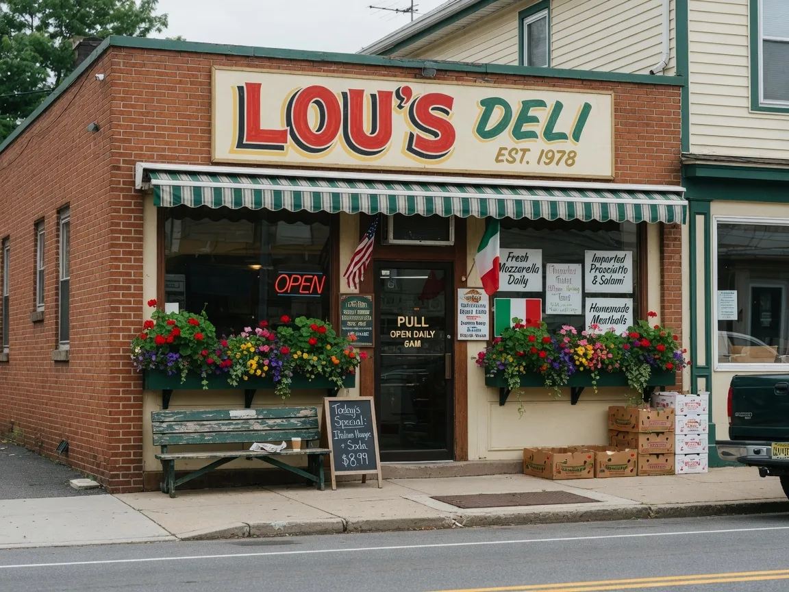 Lou's Deli storefront and sign on Burlington Avenue in Delanco, New Jersey
