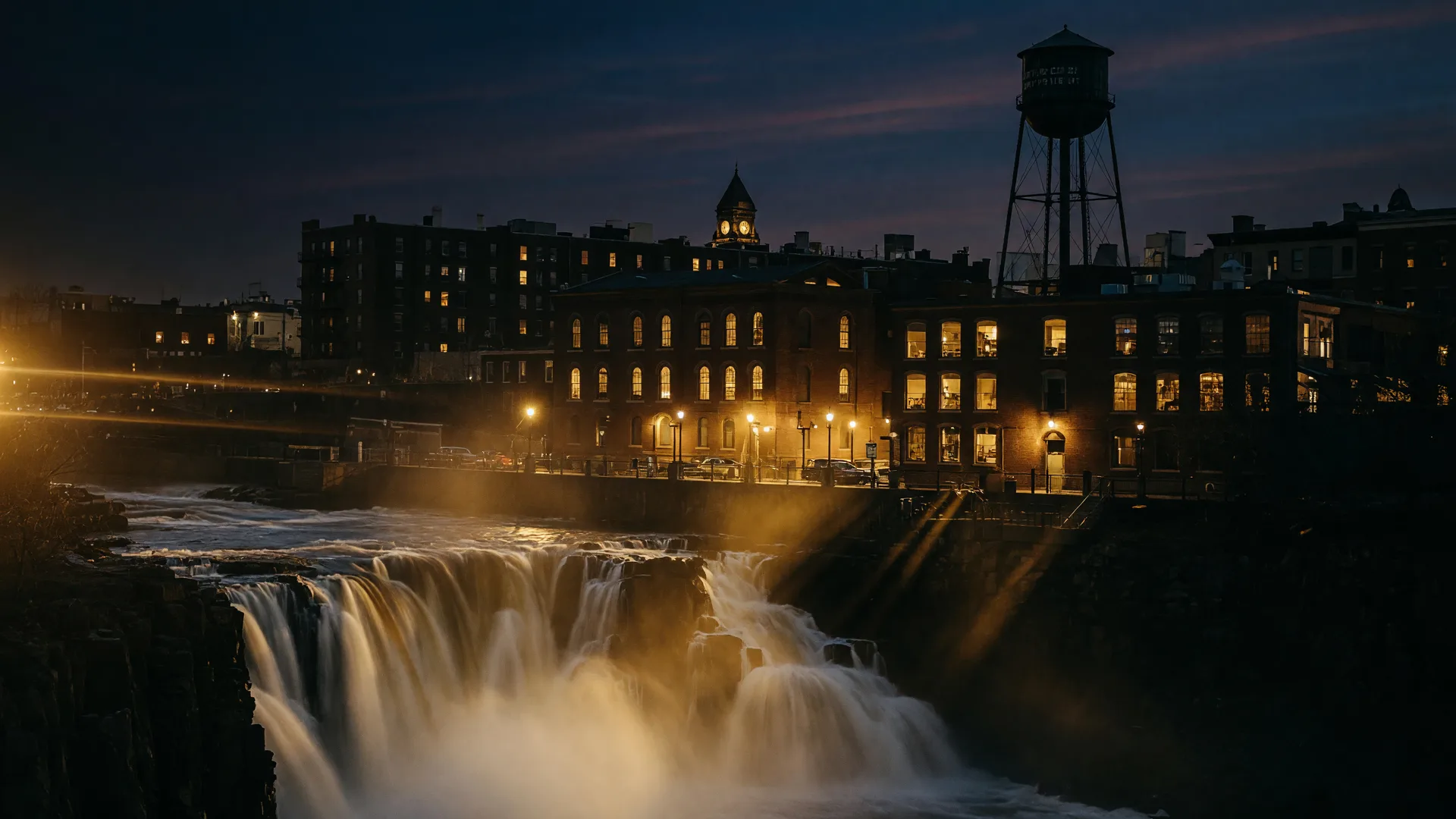 The Great Falls in Paterson, New Jersey glowing with warm golden light at night, with historic brick mills and a dark skyline, like a film set waiting for the cameras