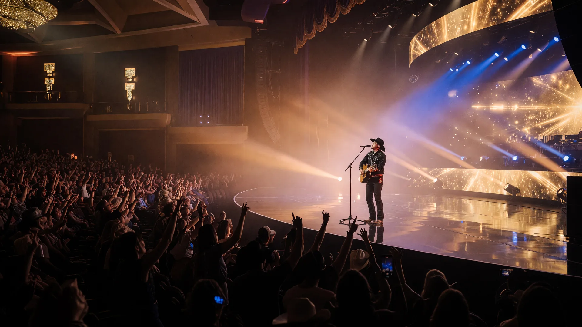 A country concert in a large casino theater with warm amber and blue stage light, haze catching the beams, a distant guitarist on stage, and a silhouetted crowd with raised hands