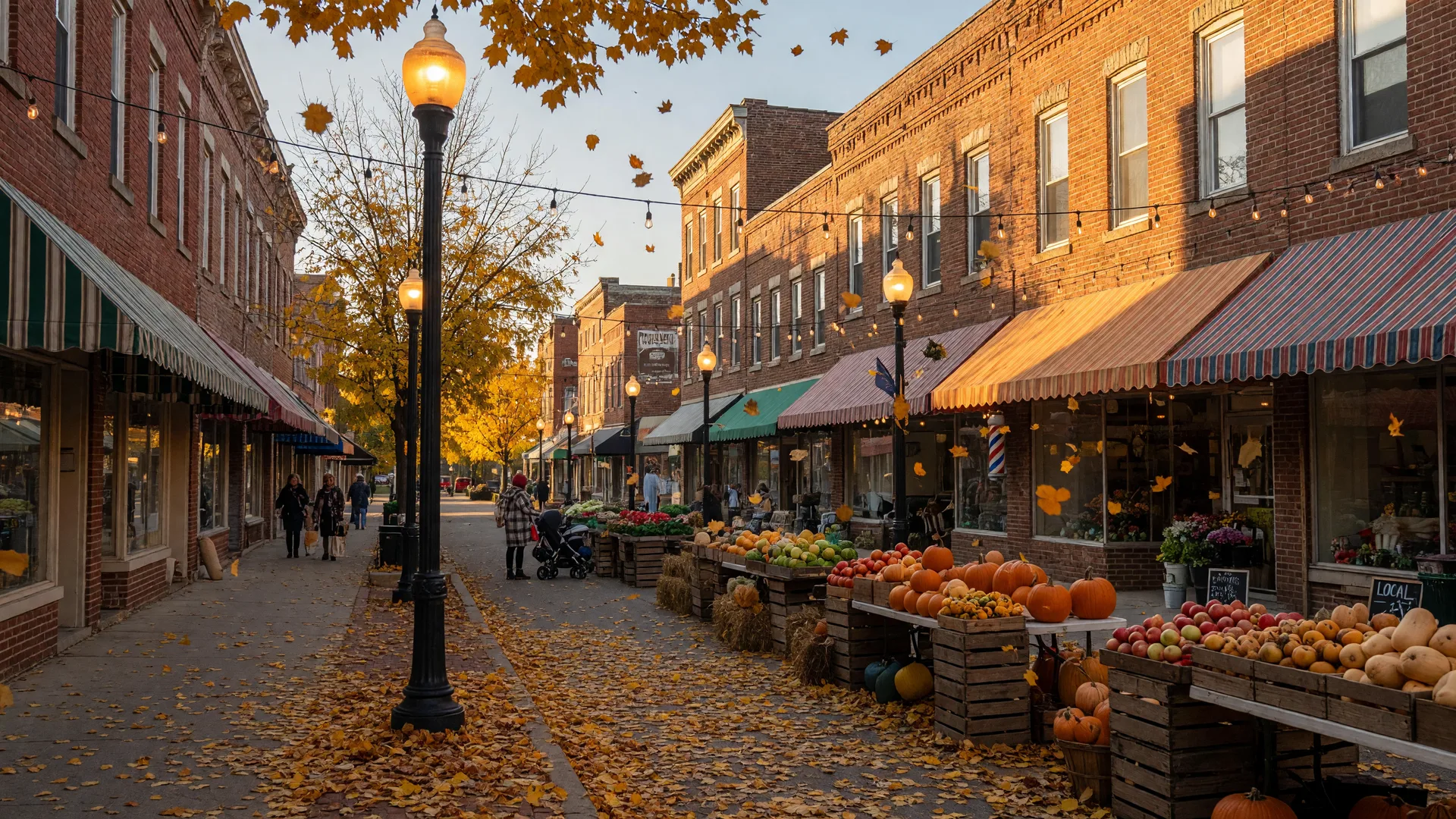 A classic small-town Ohio downtown shopping street in late October with brick storefronts, a farmers market, and string lights