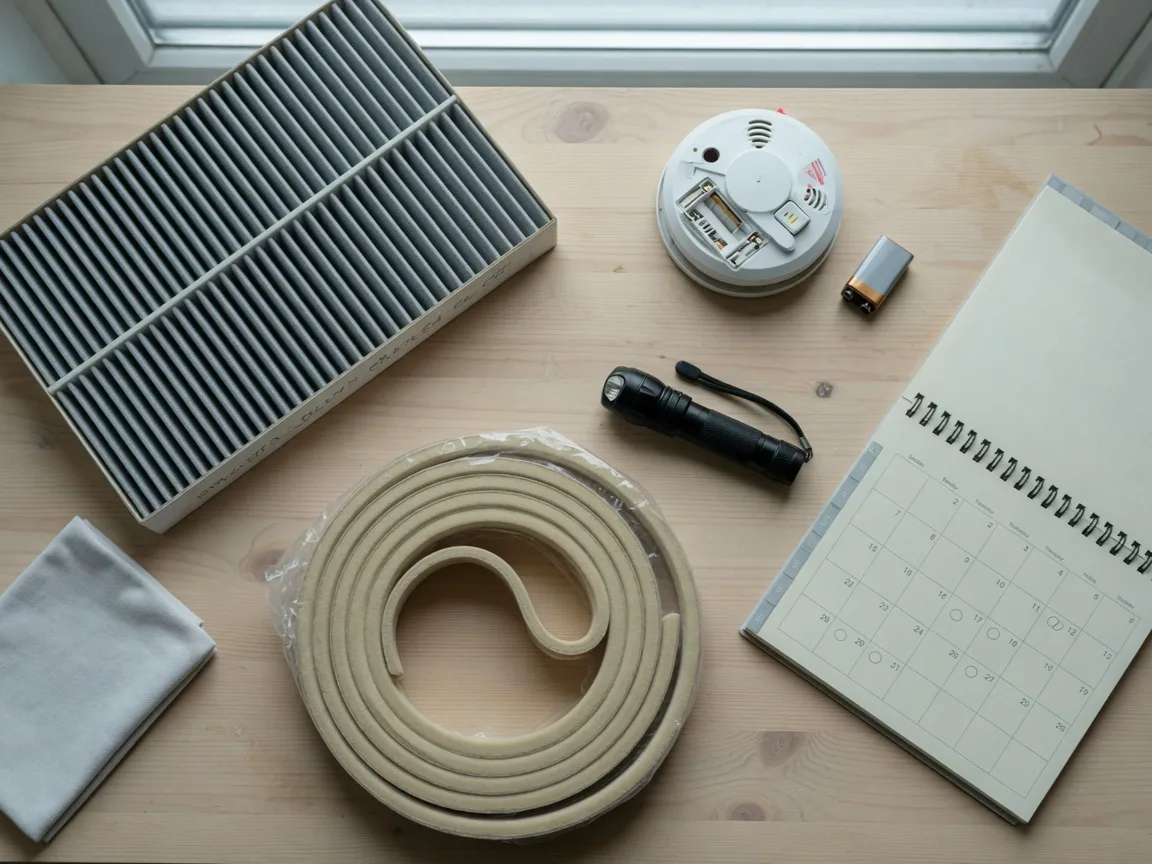Home maintenance items including an HVAC air filter, smoke detector, weatherstripping, flashlight, and open calendar arranged on a wooden table in soft overcast light