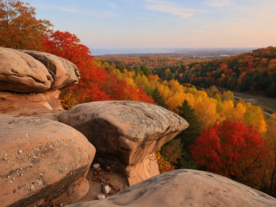 Sandstone ledges overlook at Chapin Forest Reservation with a valley of red, orange and gold fall foliage and a hazy distant horizon