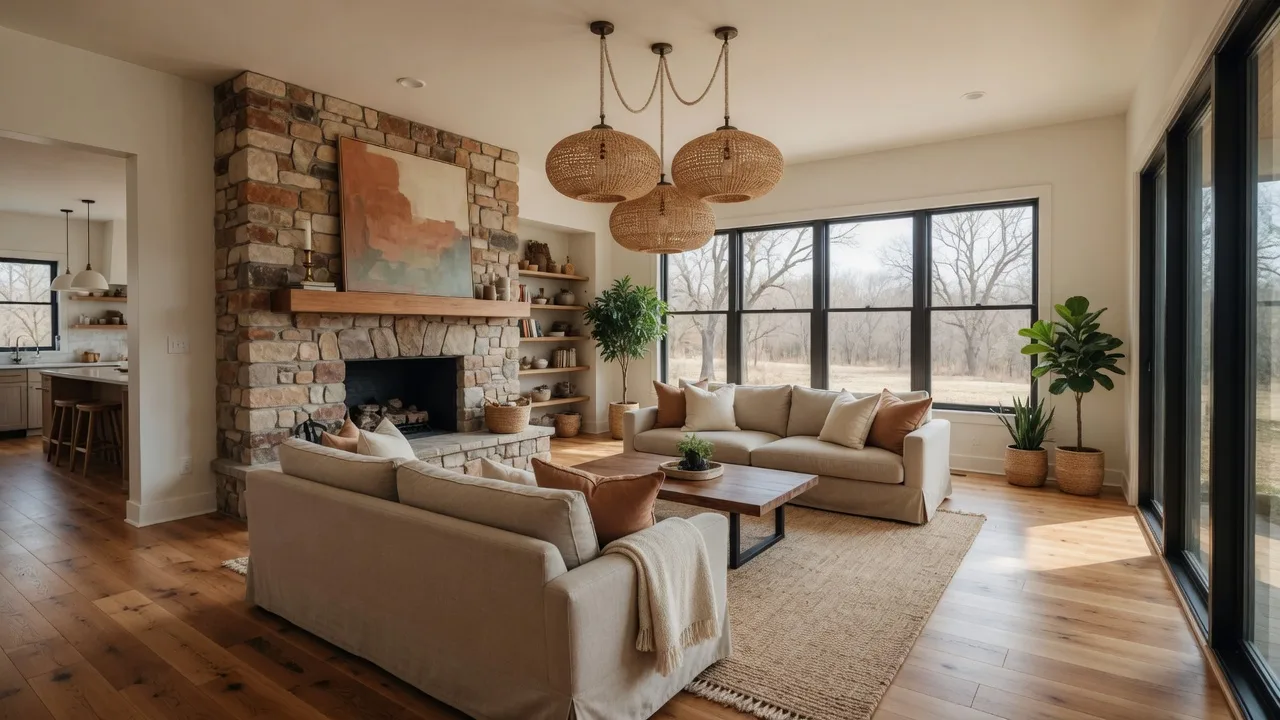 Bright open-concept living room in a modern Tulsa-area home with a stone fireplace and large sunlit windows